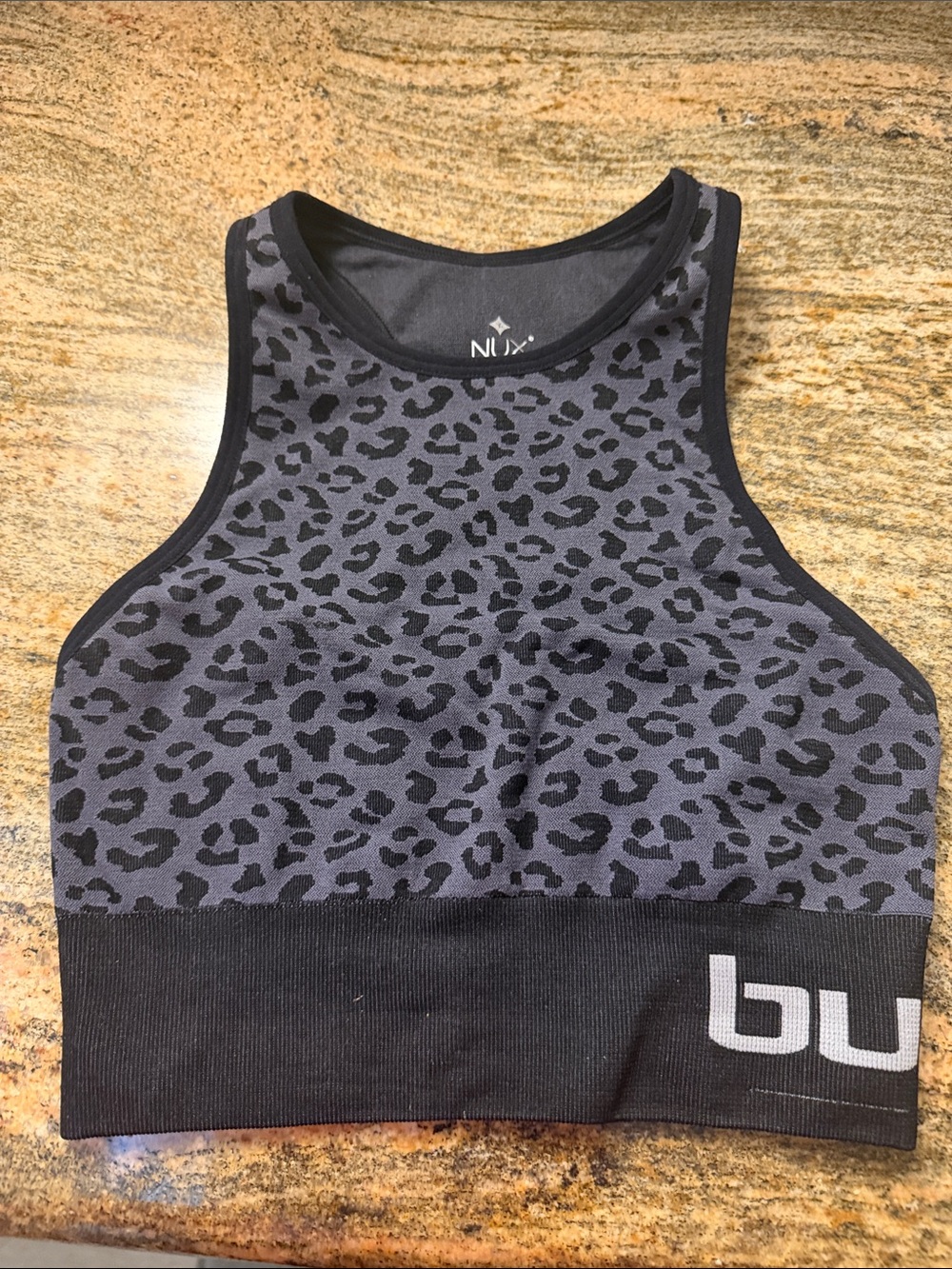 NUX Burn Bootcamp Black and Gray Animal Print Sports Bra Women’s Size Small NWOT